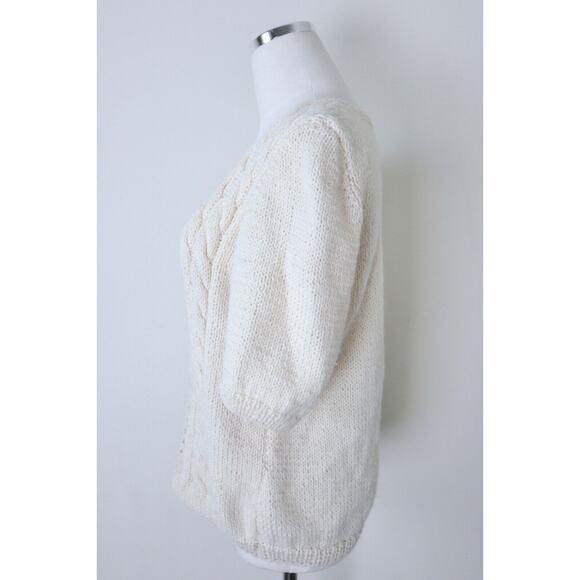 Handmade Cottagecore Short Sleeve Sweater Top Square Neck Cream Cable Knit - Picture 9 of 12